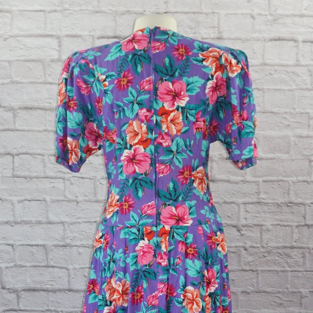 Vintage 80s Tropical Floral Midi Dress - Picture 7 of 10